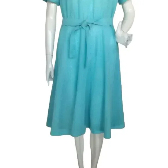 KAY WINSOR Day Dress, L, Aqua Blue, Short sleeves, Dagger collar, VINTAGE - Picture 8 of 13